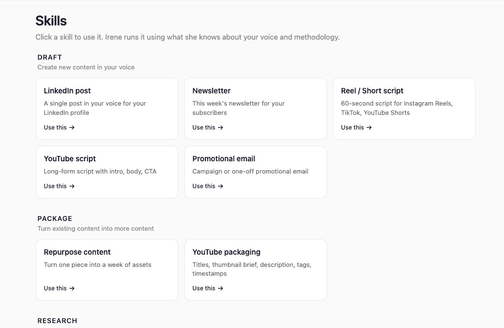 Irene's Skills screen, showing the Draft, Package and Research groups with skills including LinkedIn post, newsletter, reel or short script, YouTube script, promotional email, repurpose content and YouTube packaging.